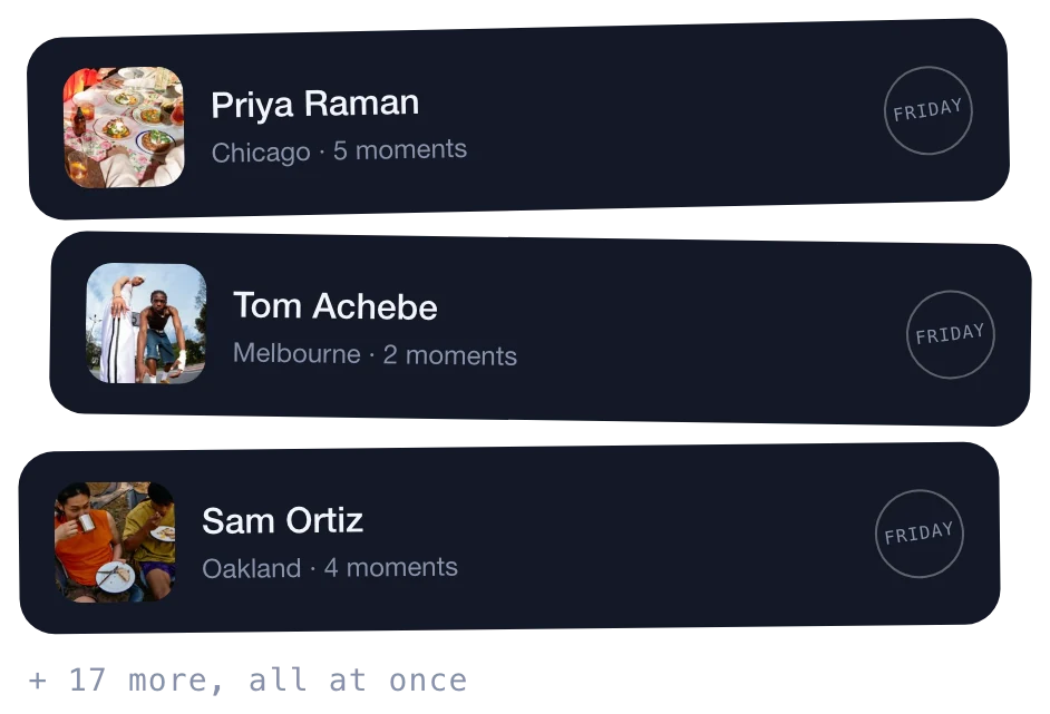 Three friends' Weekly Updates arriving on Friday: Priya in Chicago, Tom in Melbourne, Sam in Oakland, and 17 more